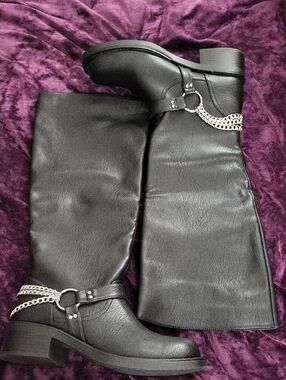 Women's Black Over-the-Knee Chain-Trim Boots